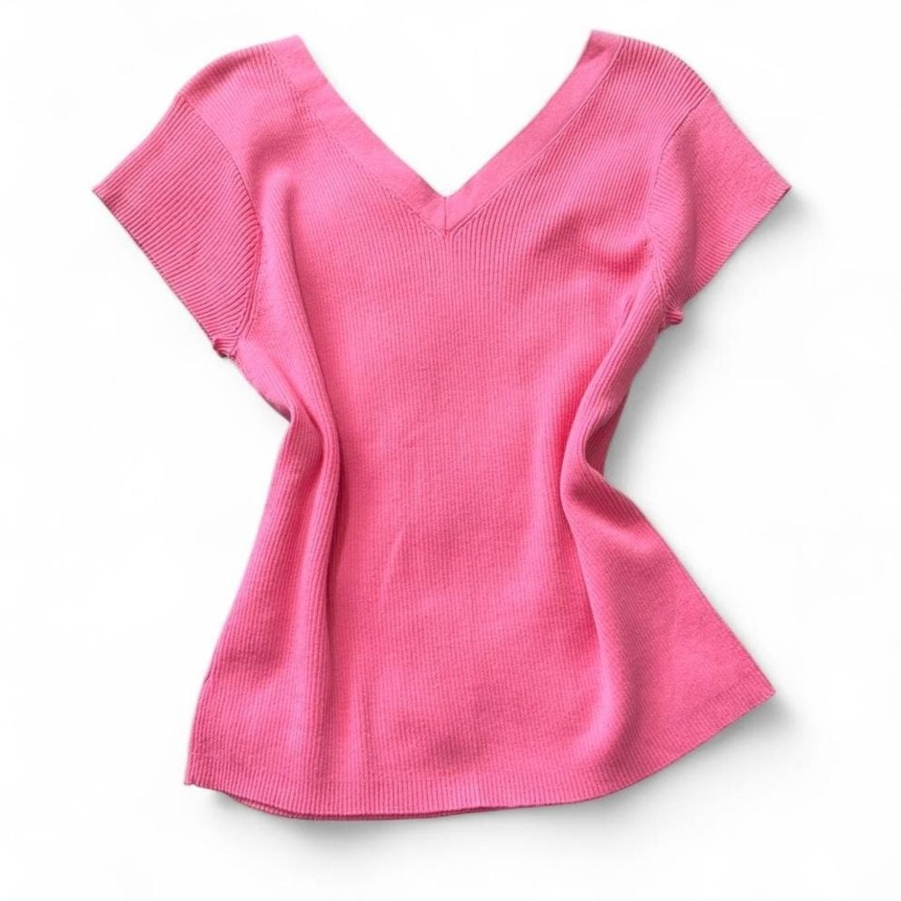 Vintage Y2K Fashion Bug Pink Ribbed Knit Double V Top, Women's Size XL